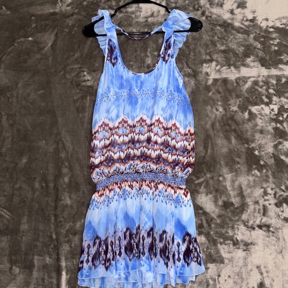GUESS Women's Blue Tie Dye Smocked Waist Ruffle Sleeve Summer Dress Size M - Picture 7 of 8